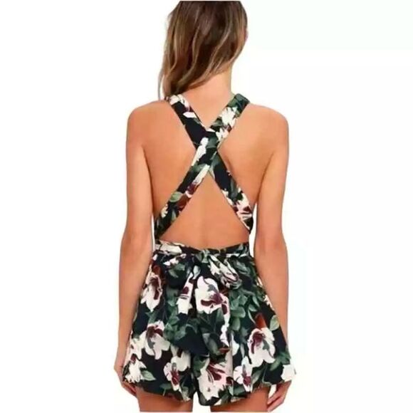 Lulus Elated Energy Navy Blue Floral Tropical Convertible Romper - Picture 3 of 9